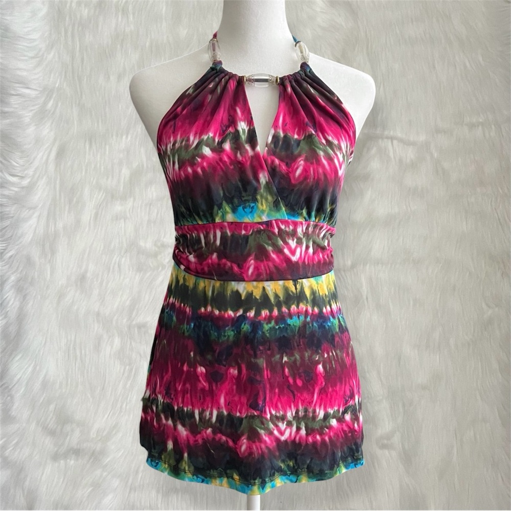 Candie's Multicolored Tie-Dye Abstract Pattern Halter Top with Adjustable Straps